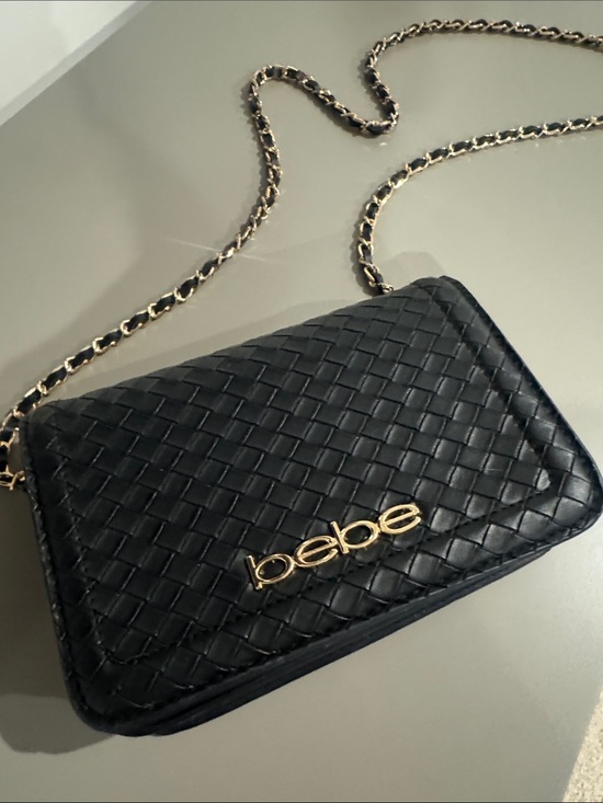 bebe Handbags - bebe Black Woven Crossbody with Gold Chain and Logo